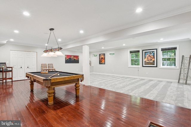 1508 Cornerstone Ct, Crownsville, MD 21032 - recreation room featuring recessed lighting, billiards, hardwood / wood-style floors, and ornamental molding