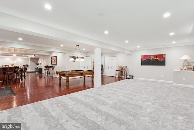 1508 Cornerstone Ct, Crownsville, MD 21032 - rec room featuring bar, recessed lighting, billiards table, ornamental molding, and carpet
