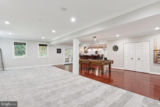 1508 Cornerstone Ct, Crownsville, MD 21032 - living room with ornamental molding, dark wood-type flooring, recessed lighting, pool table, and bar area