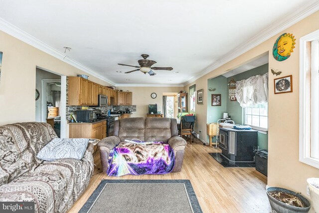 104 Elm Ave, Glen Burnie, MD 21061 - living room with healthy amount of natural light, light wood-type flooring, crown molding, a ceiling fan, and a wood stove
