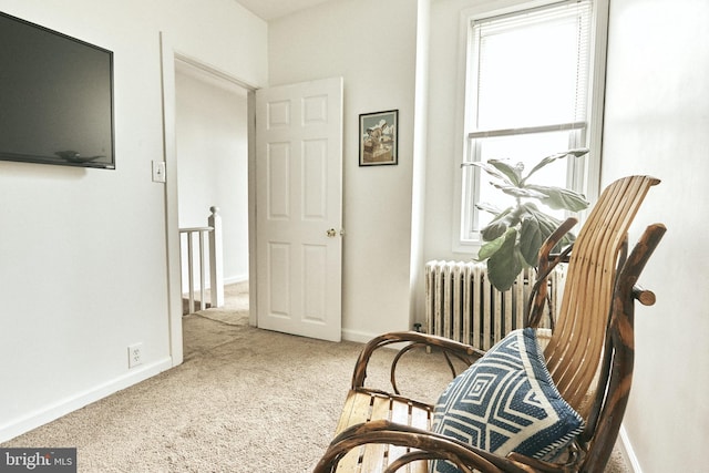 2426 E Indiana Ave, Philadelphia, PA 19134 - sitting room with carpet floors, radiator heating unit, and an upstairs landing