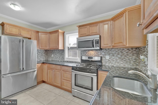 370 Nicholson Rd, Baltimore, MD 21221 - kitchen with stainless steel appliances, ornamental molding, light tile patterned floors, backsplash, and dark stone counters
