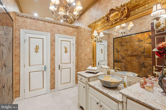 423 Seneca Rd, Great Falls, VA 22066 - bathroom featuring a chandelier, crown molding, vanity, and tile patterned flooring