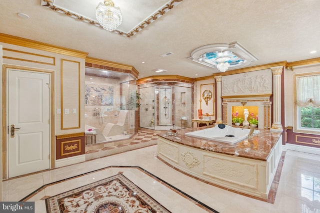 423 Seneca Rd, Great Falls, VA 22066 - full bathroom featuring inlaid floor details, ornamental molding, walk in shower, a garden tub, and a chandelier