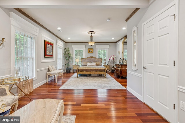 423 Seneca Rd, Great Falls, VA 22066 - entryway featuring dark wood-style floors, crown molding, and recessed lighting