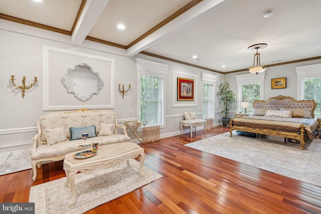 423 Seneca Rd, Great Falls, VA 22066 - living area with crown molding, hardwood / wood-style flooring, beam ceiling, and recessed lighting