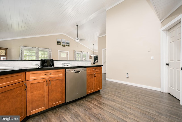 108 W Center St, Kitzmiller, MD 21538 - kitchen with stainless steel dishwasher, dark countertops, dark wood-style flooring, vaulted ceiling, and wood ceiling