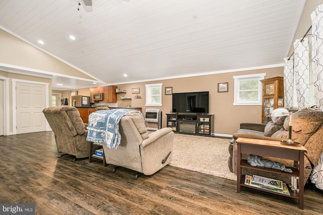 108 W Center St, Kitzmiller, MD 21538 - living room featuring lofted ceiling, dark wood-style floors, recessed lighting, and crown molding