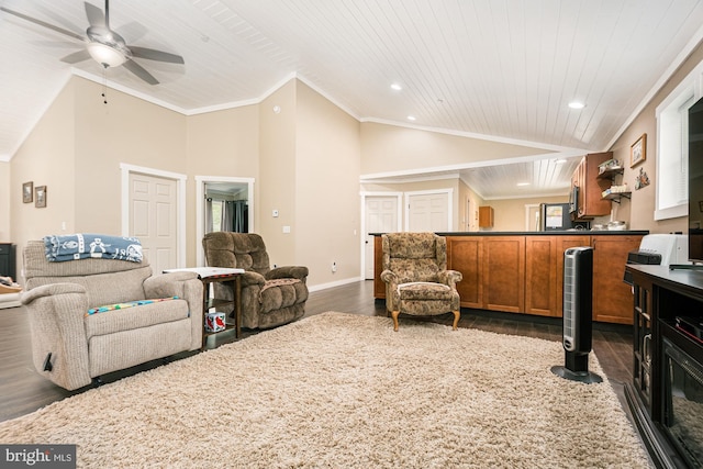 108 W Center St, Kitzmiller, MD 21538 - living area with dark wood-style flooring, recessed lighting, ceiling fan, wooden ceiling, and bar area