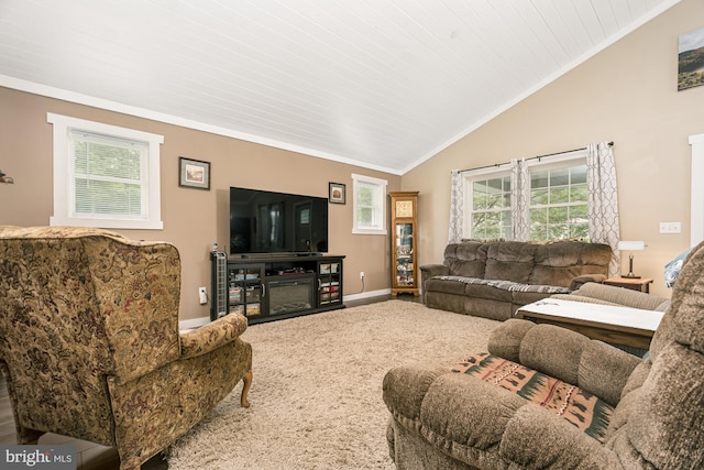 108 W Center St, Kitzmiller, MD 21538 - living room featuring vaulted ceiling, healthy amount of natural light, crown molding, and carpet flooring