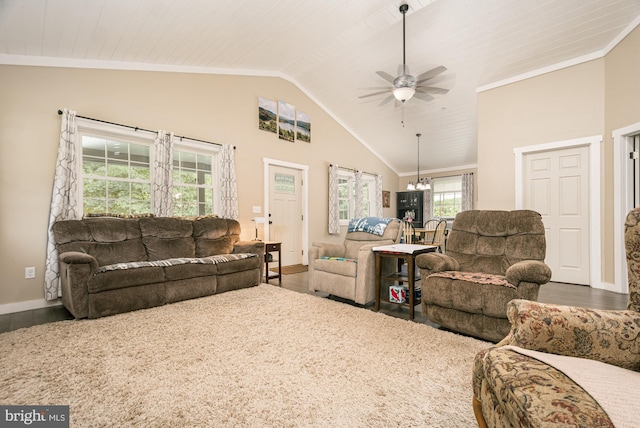 108 W Center St, Kitzmiller, MD 21538 - living room with wood finished floors, a ceiling fan, high vaulted ceiling, and wooden ceiling