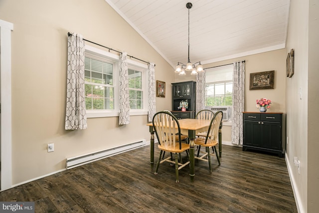 108 W Center St, Kitzmiller, MD 21538 - dining area with baseboard heating, vaulted ceiling, dark wood finished floors, a chandelier, and wood ceiling