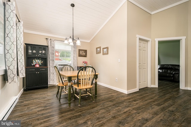 108 W Center St, Kitzmiller, MD 21538 - dining space with ornamental molding, a baseboard heating unit, a chandelier, dark wood-type flooring, and lofted ceiling