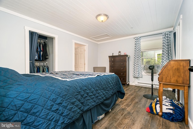 108 W Center St, Kitzmiller, MD 21538 - bedroom featuring dark wood-type flooring, crown molding, baseboard heating, attic access, and wood ceiling