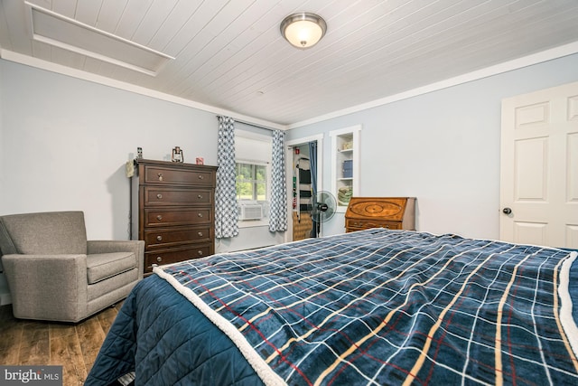 108 W Center St, Kitzmiller, MD 21538 - bedroom with wood finished floors, cooling unit, ornamental molding, and wooden ceiling