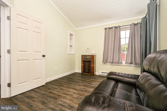 108 W Center St, Kitzmiller, MD 21538 - living area featuring vaulted ceiling, dark wood-style floors, crown molding, a baseboard heating unit, and wood ceiling