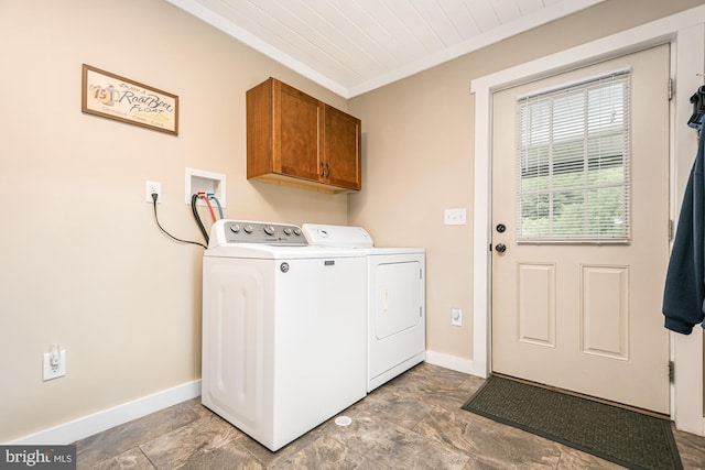 108 W Center St, Kitzmiller, MD 21538 - laundry room featuring cabinet space, washing machine and clothes dryer, stone finish flooring, ornamental molding, and wooden ceiling