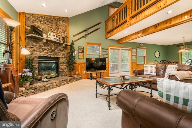 60 Barbaras Way, Mc Henry, MD 21541 - carpeted living room with recessed lighting, wainscoting, and a stone fireplace