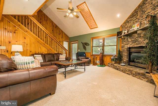 60 Barbaras Way, Mc Henry, MD 21541 - living area with wooden walls, lofted ceiling, stairway, carpet, and ceiling fan