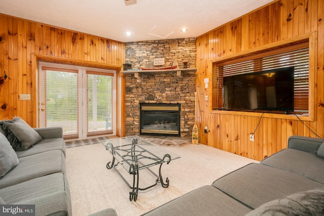 60 Barbaras Way, Mc Henry, MD 21541 - living room featuring wood walls, carpet flooring, a fireplace, and recessed lighting