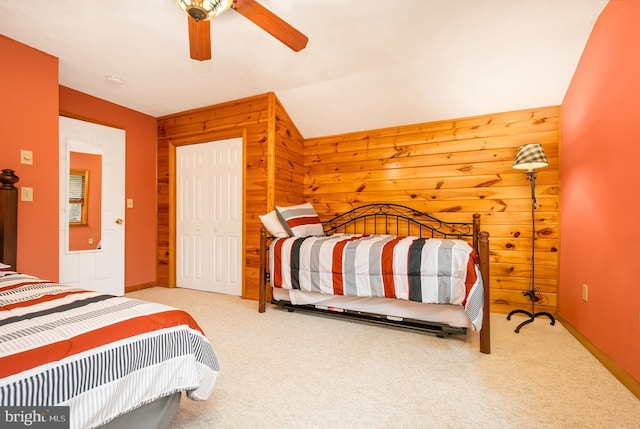 60 Barbaras Way, Mc Henry, MD 21541 - carpeted bedroom with wood walls, lofted ceiling, and ceiling fan