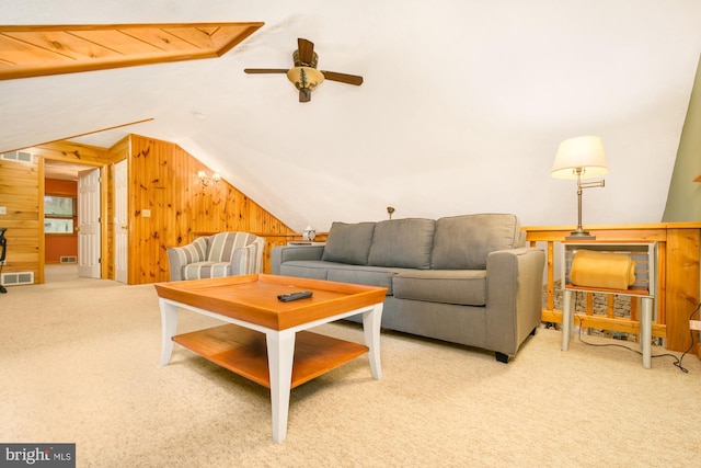 60 Barbaras Way, Mc Henry, MD 21541 - living room with wooden walls, lofted ceiling, carpet, and a ceiling fan