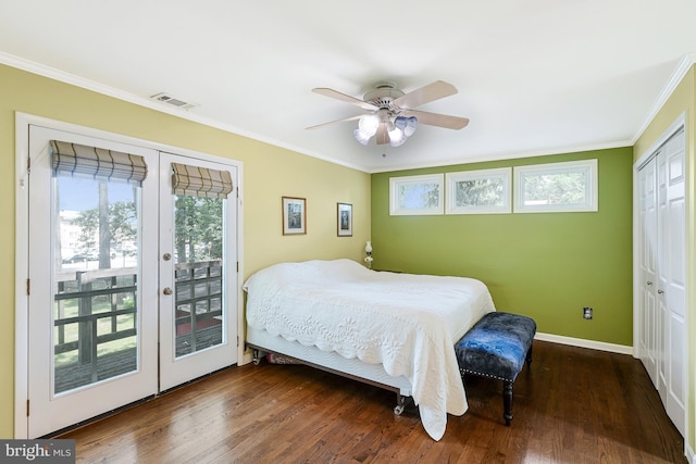 8615 Acorn Cir, Vienna, VA 22180 - bedroom featuring french doors, access to outside, ornamental molding, wood finished floors, and a closet