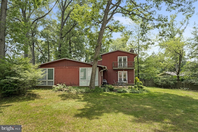 8615 Acorn Cir, Vienna, VA 22180 - back of house with french doors, a balcony, and a chimney