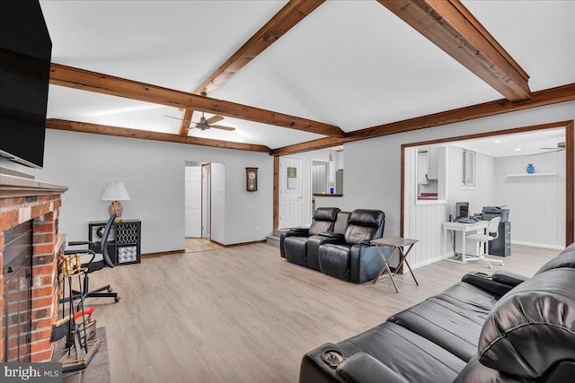 19 Oniontown Rd, Medford, NJ 08055 - living room featuring a brick fireplace, light wood-type flooring, ceiling fan, and recessed lighting