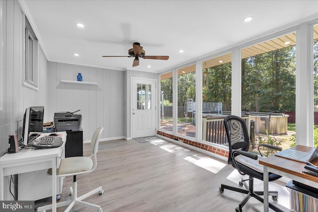 19 Oniontown Rd, Medford, NJ 08055 - office area with ceiling fan, light wood-style floors, recessed lighting, crown molding, and floor to ceiling windows