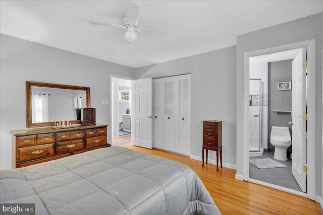 19 Oniontown Rd, Medford, NJ 08055 - bedroom with light wood finished floors, a closet, ensuite bathroom, and ceiling fan
