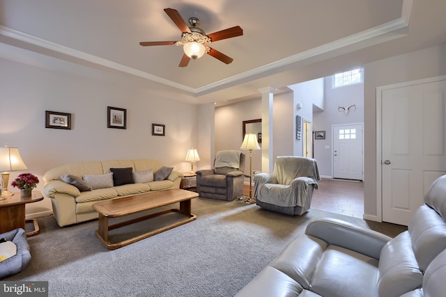 36 Elm Ct, Lancaster, PA 17603 - living area with a tray ceiling, ceiling fan, ornamental molding, carpet, and ornate columns