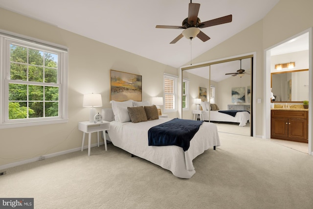 1937 Hickory Hill Ln, Silver Spring, MD 20906 - bedroom with light carpet, lofted ceiling, a closet, ensuite bathroom, and a ceiling fan