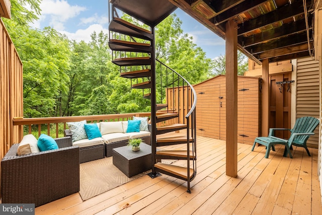 1937 Hickory Hill Ln, Silver Spring, MD 20906 - wooden terrace with stairway, an outdoor living space, and a storage shed