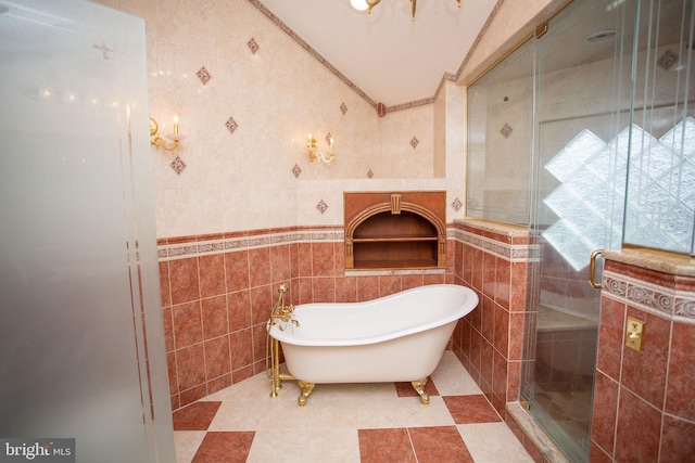 5 Hidden Hollow Dr, Hamilton, NJ 08620 - full bathroom featuring tile walls, a freestanding bath, a shower stall, vaulted ceiling, and tile patterned floors