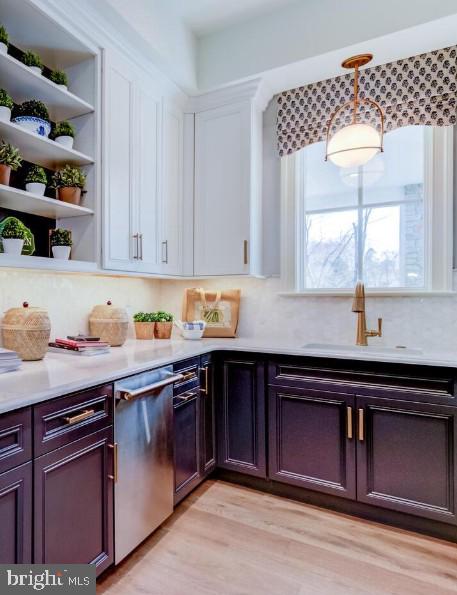 Lot1 Nathan Hale, Berwyn, PA 19312 - kitchen with dishwasher, light countertops, open shelves, white cabinetry, and light wood-style flooring
