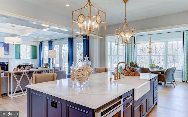 Lot1 Nathan Hale, Berwyn, PA 19312 - kitchen featuring a chandelier, open floor plan, light wood-type flooring, plenty of natural light, and coffered ceiling