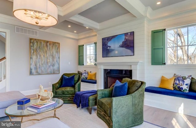 Lot1 Nathan Hale, Berwyn, PA 19312 - living room with crown molding, coffered ceiling, beamed ceiling, a fireplace, and recessed lighting