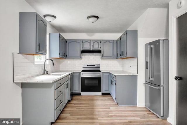 121 Almond Ct, Milford, PA 18337 - kitchen with stainless steel appliances, gray cabinetry, light wood finished floors, and under cabinet range hood
