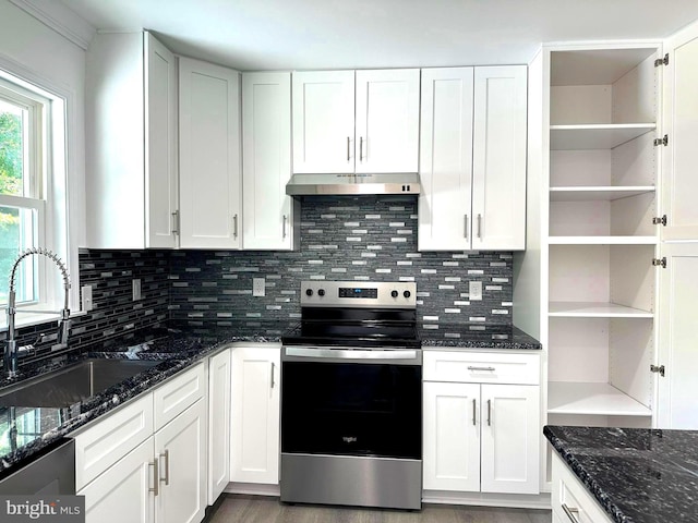 8357 Gannon Cir, Easton, MD 21601 - kitchen featuring appliances with stainless steel finishes, under cabinet range hood, open shelves, and white cabinets