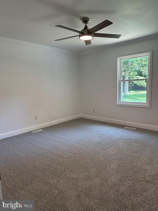 8357 Gannon Cir, Easton, MD 21601 - spare room featuring crown molding, ceiling fan, and dark carpet