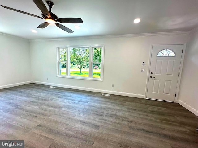 8357 Gannon Cir, Easton, MD 21601 - entrance foyer featuring crown molding, plenty of natural light, a ceiling fan, dark wood finished floors, and recessed lighting