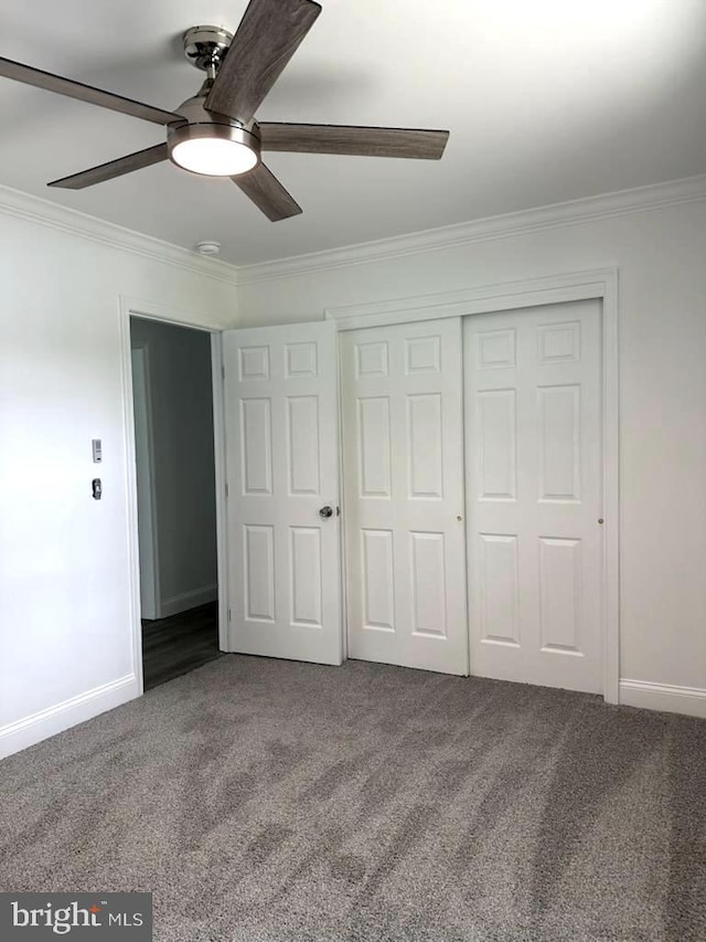 8357 Gannon Cir, Easton, MD 21601 - unfurnished bedroom with carpet, ornamental molding, a closet, and a ceiling fan