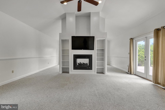 5 Michael Ct, Rehoboth Beach, DE 19971 - unfurnished living room with high vaulted ceiling, carpet, a ceiling fan, and a multi sided fireplace