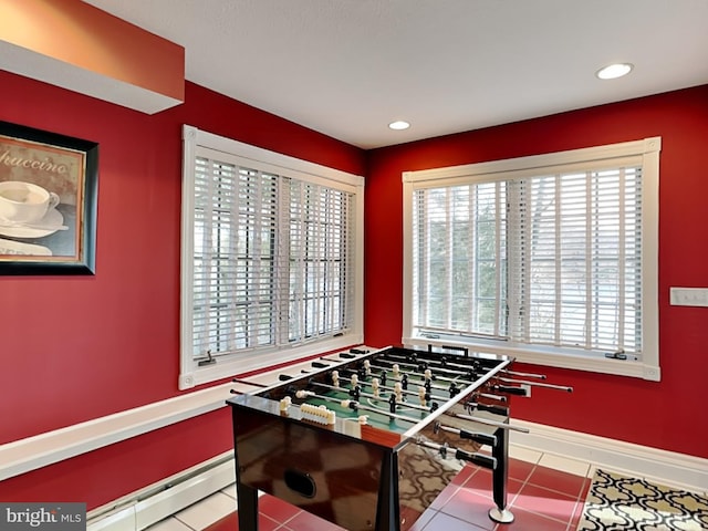 3067 Shingle Camp Rd, Mc Henry, MD 21541 - game room with healthy amount of natural light, tile patterned flooring, baseboard heating, and recessed lighting