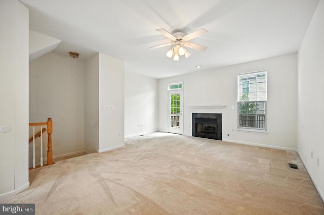 6949 Banchory Ct, Alexandria, VA 22315 - unfurnished living room with carpet, a ceiling fan, and a fireplace