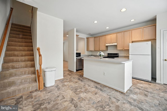 6949 Banchory Ct, Alexandria, VA 22315 - kitchen with appliances with stainless steel finishes, stone finish floors, light countertops, light brown cabinetry, and recessed lighting