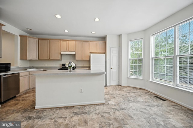 6949 Banchory Ct, Alexandria, VA 22315 - kitchen featuring dishwasher, under cabinet range hood, light brown cabinets, healthy amount of natural light, and recessed lighting