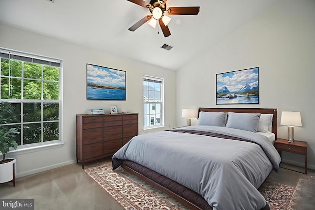 6949 Banchory Ct, Alexandria, VA 22315 - carpeted bedroom featuring multiple windows, a ceiling fan, and high vaulted ceiling