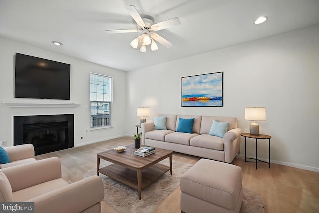 6949 Banchory Ct, Alexandria, VA 22315 - living room featuring a ceiling fan, recessed lighting, and a fireplace